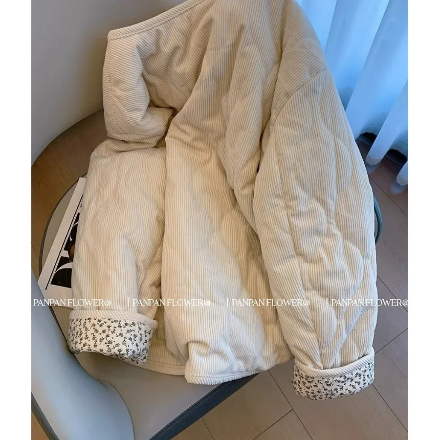 Women's Loose Fit Cotton Jacket Floral Patchwork Corduroy Quilted Coat Winter New Style Versatile Cotton Outerwear