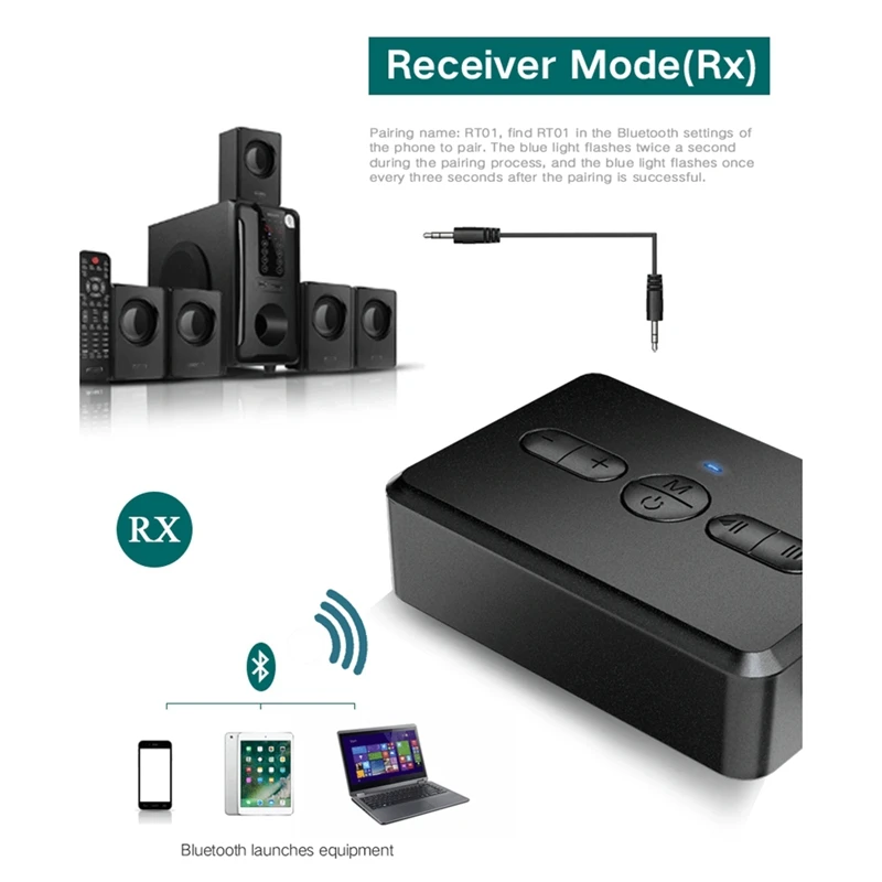 Rise-Bluetooth 5.0オーディオレシーバー、トランスミッター、RCA、3.5 AUXジャック、ステレオミュージック、ワイヤレスアダプター、車、PC、テレビのハンズフリー通話