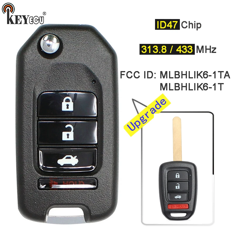 

KEYECU 313.8/ 433MHz ID47 Chip MLBHLIK6-1T / MLBHLIK6-1TA Upgraded Flip Remote Key Fob for Honda Fit Civic XRV HRV CRV