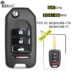 KEYECU 313.8/ 433MHz ID47 Chip MLBHLIK6-1T / MLBHLIK6-1TA ulepszony zdalny klucz składany Fob dla Honda Fit Civic XRV HRV CRV