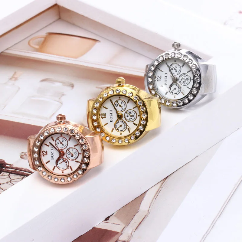 1pc Rhinestone Mini Unisex Fashion Finger Watch Retro Roman Quartz Watch Rings for Women Men Elastic Strap Alloy Watches Jewelry