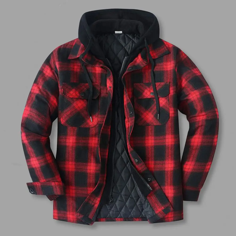 Red Black Hooded Plaid Western Cowboy Winter Shirt Jacket for Men Fleece Linend Flannel Casual Warm Checkered Shirt Male