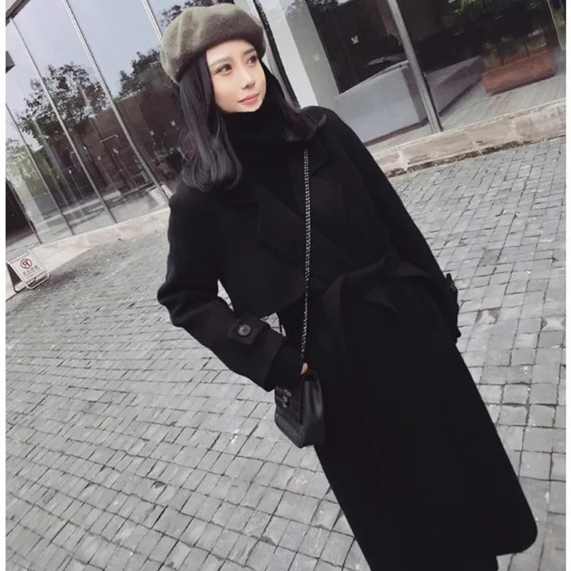 

Black Woolen Jacket Women's New Popular With belt High-end Double-sided Cashmere Overcoat Autumn And Winter Thickening Wool Coat