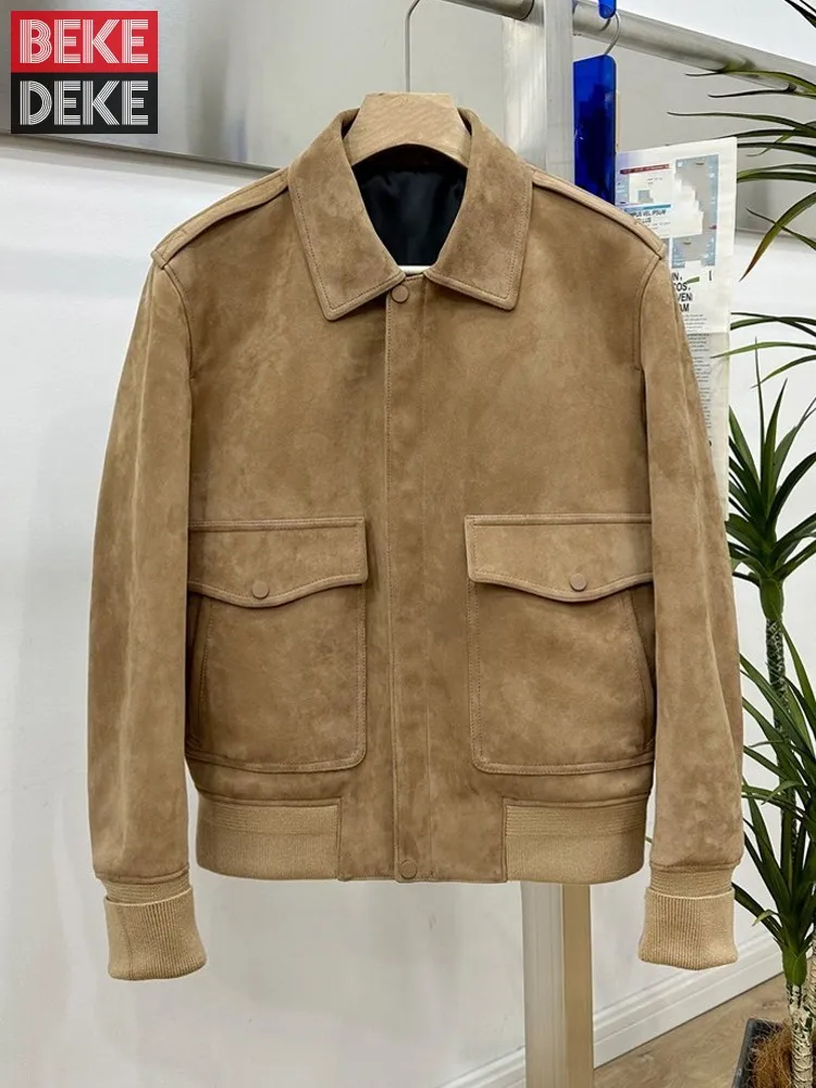 Men Loose Fit Genuine Leather Suede Zipper Jacket Wool Lining Coat Retro Winter Warm Sheepskin Jackets Turndown Collar Outerwear