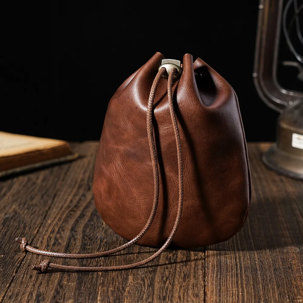 Portable Leather Drawstring Pouch Retro Nordic Style Jewelry Storage Bag Genuine Leather Earphone Storage Case