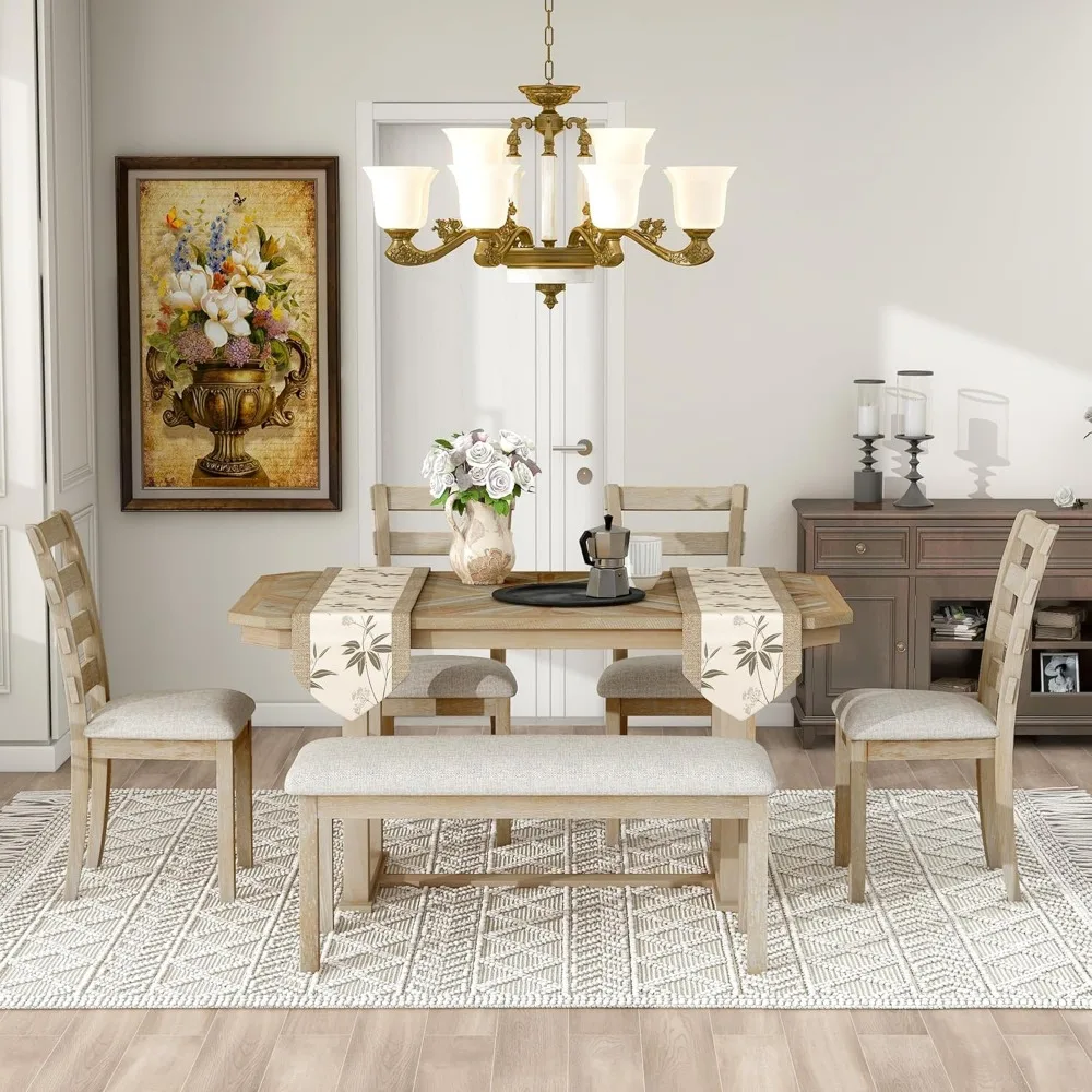 

6 Piece Dining Table Set,Farmhouse Kitchen Table Set with 4 Upholstered Dining Chairs and A Long Bench, Solid Wood Table Natural