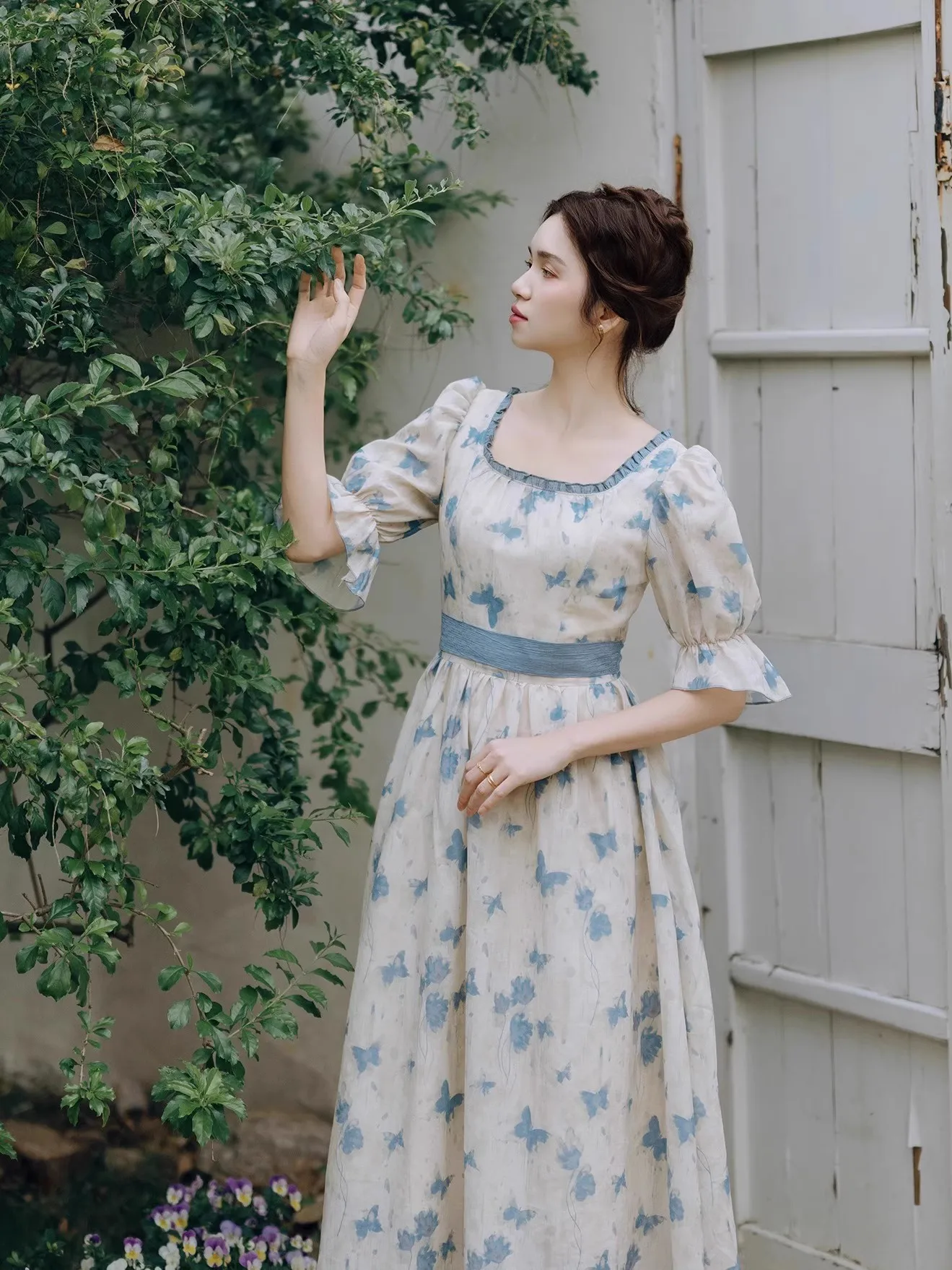

84-96cm Spring Summer Long Dresses For Women Vintage Elegant Slim Square Neck Butterfly Print Dresses Korean Fashion Dresses