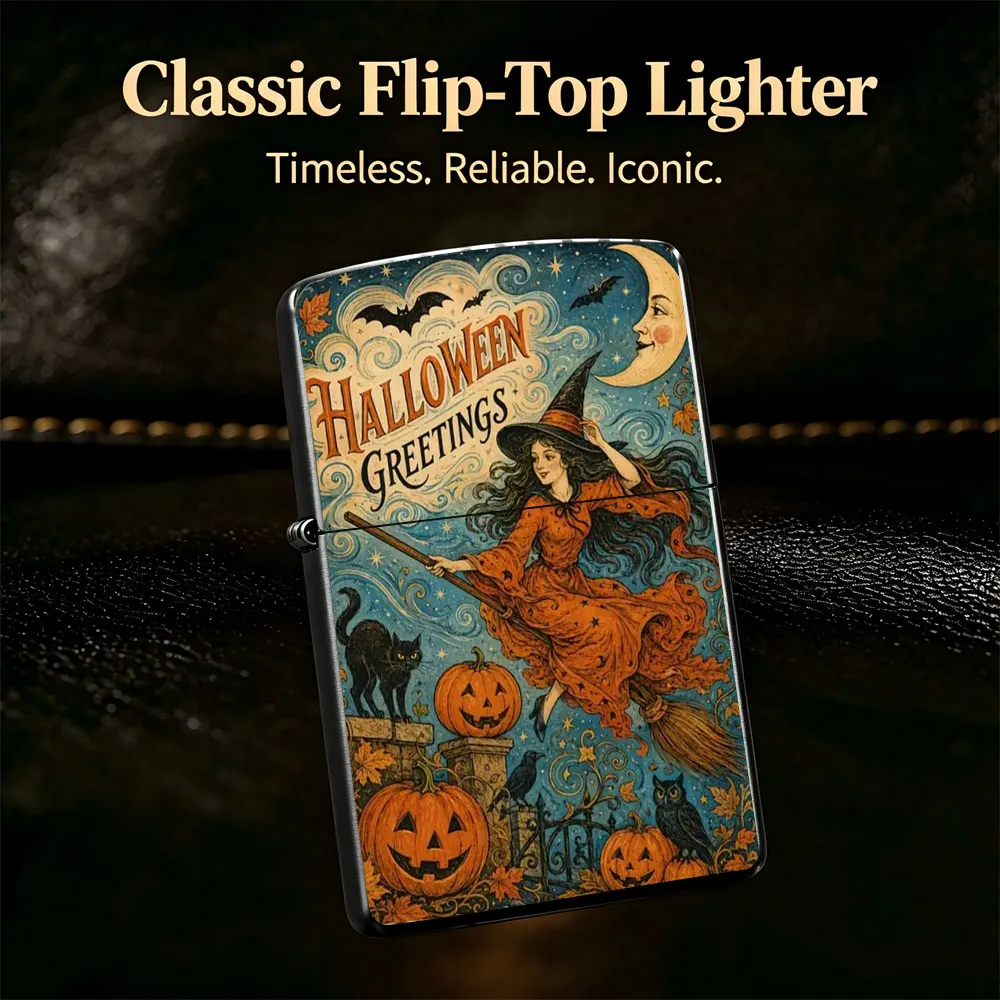 Pocket Lighter, Flip-Top Windproof Design, Metal Case, Halloween Witch Flying on Broom Print, Pumpkin Motif, Comfortable Grip, Portable & Durable