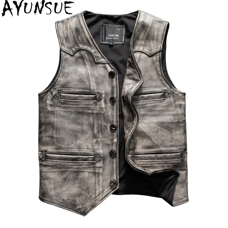 AYUNSUE Men Top Layer Cowhide Distressed Leather Vest Short Biker Jacket of Man Slim Waistcoat V-neck Windproof Veste Homme Chic