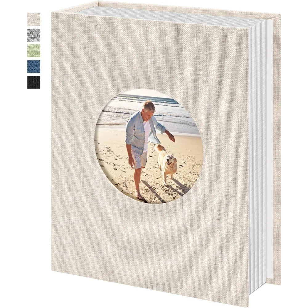 

Photo Album 4x6 Photos 100 Pockets Linen Cover Slip-in Photo Book with Round Window for Wedding Vacation, Beige