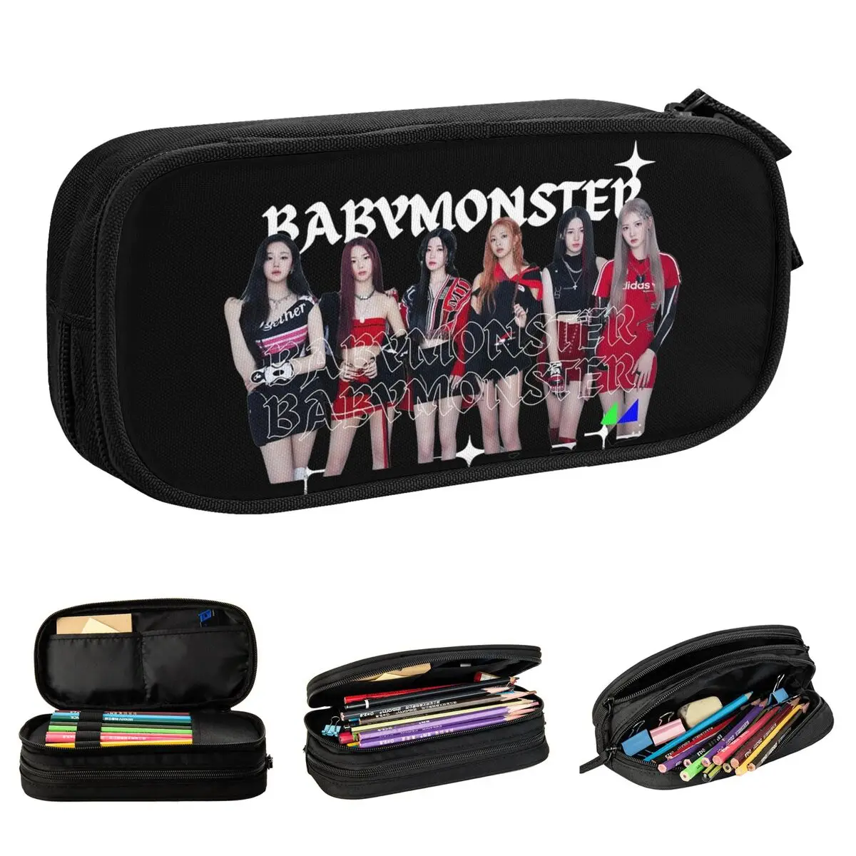 Kpop babymonster música lápis caso clássico caneta titular sacos estudante grande armazenamento estudantes escola zíper lápis bolsa