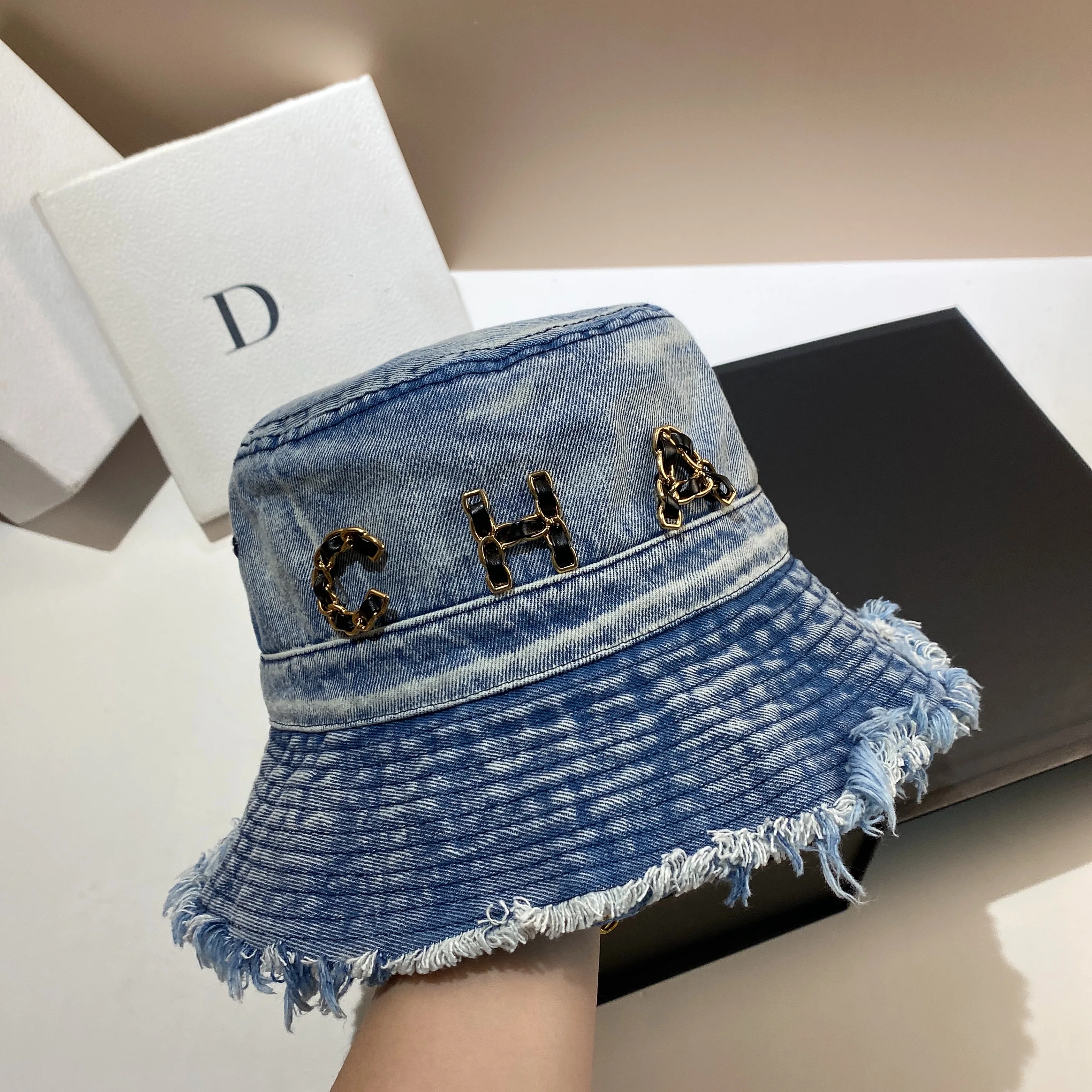 CHA letter washed denim fisherman hat fashion fringed large brim casual pot hat spring and summer travel visor hat