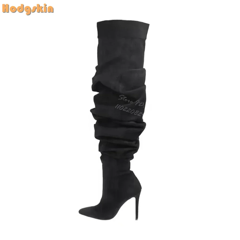 

Sexy Pointed Toe Boots Suede Pleated Catwalk Over-the High Boots High Heels Slip-on Modern Shoes 2025 Autumn New Women Fashion