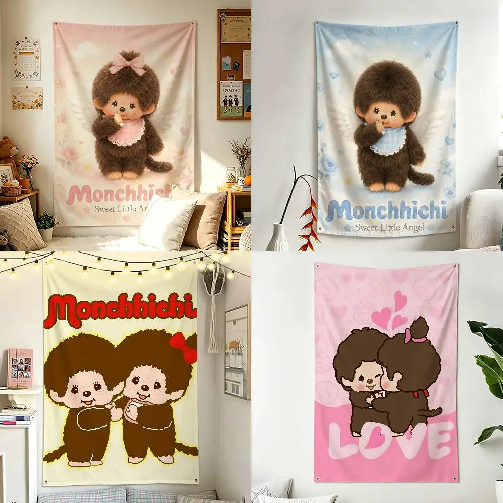 Cute Sweet M-Monchhichi Home Decor Vertical Flags Indoor Outdoor Hanging Decor for Bedroom Living Room Wall Decoration