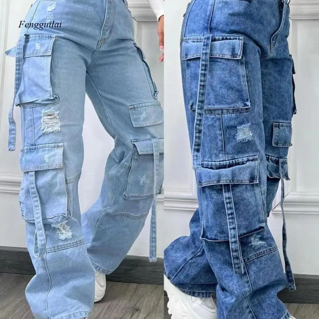 New Style Plain-Color Versatile Plus-Size High-Waist Multi-Pocket Casual Workwear Denim Long Pants
