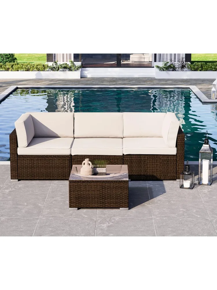 

Набор для бесед в патио, уличная мебель из 4 предметов, коричневый плетеный секционный диван из полиэтилена из ротанга ручной работы с бежевыми подушками для сиденья, G