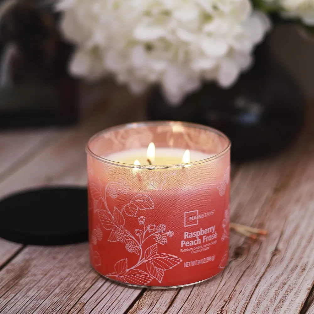 Vela Aromática de 3 Mechas con Efecto Ombre, Aroma a Frambuesa y Melocotón, Vela Grande de 14 Onzas en Frasco para Decoración del Hogar, Relajación, Aromaterapia, Regalo