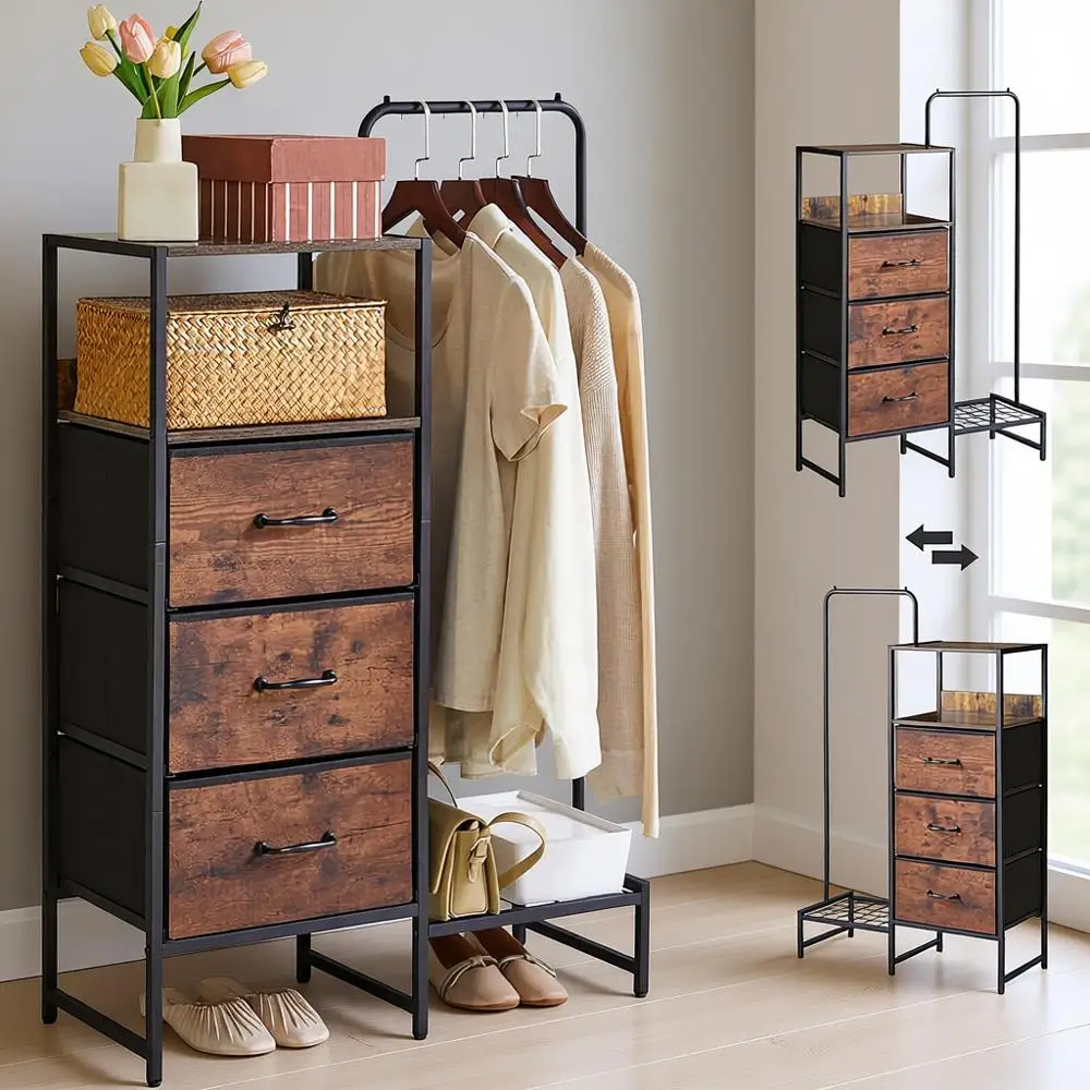 

Высокая 4-ярусная вешалка для одежды (112 см) с тканевыми ящиками, полкой для обуви и отделкой под дерево (коричневый) для небольших помещений