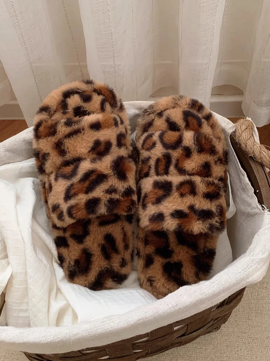 

Women Leopard Print Slippers Instagram Leopard Print Fur Home Slippers For Women's Indoor Household Versatile Slippers Winter