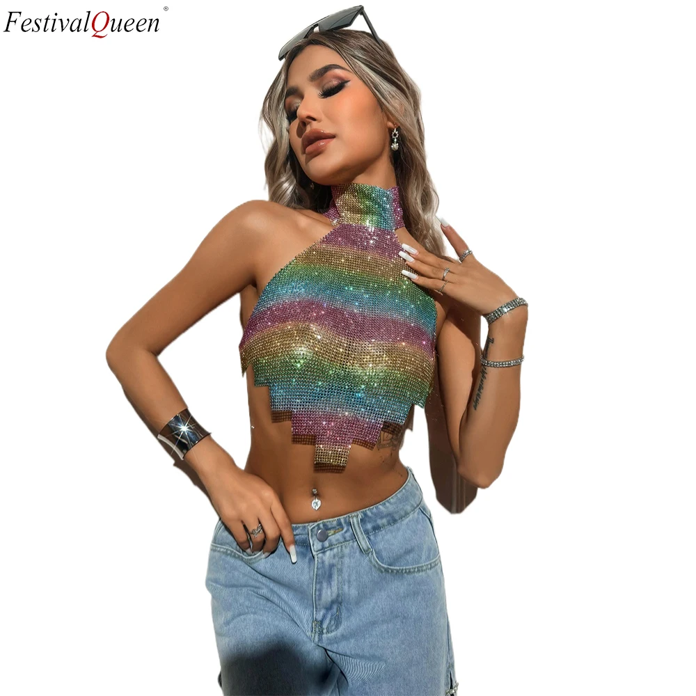 

FestivalQueen Women's Color Block Asymmetrical Hem Mesh Sequin Necklace Halter Top For Music Festival