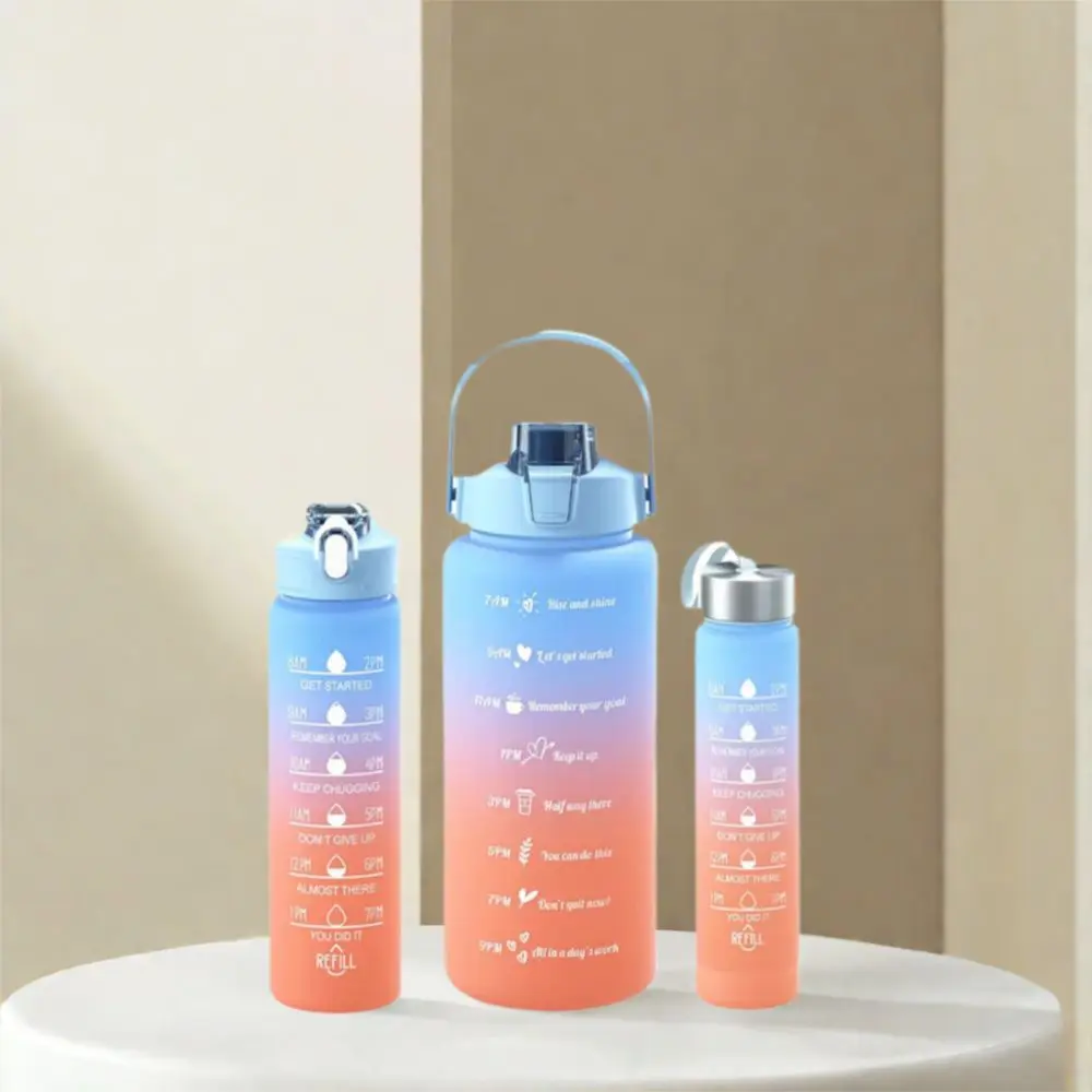 

3Pcs Set Large Capacity Gradient Color Sport Water Bottle Plastic Leakproof Gym Straw Cup with Time Marker Water Cup Outdoor