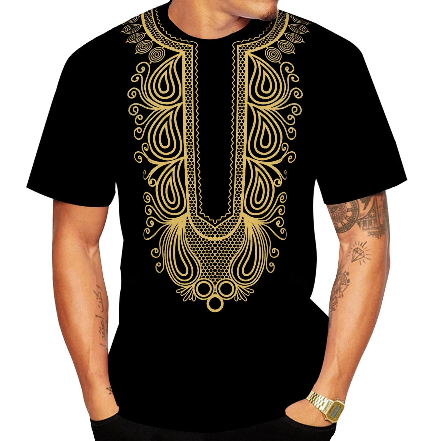 Fashion Men\'s T Shirt African Style Gold Stamping 3d Print Casual Short Sleeve Loose Oversized Tshirts For Top Clothing Camise