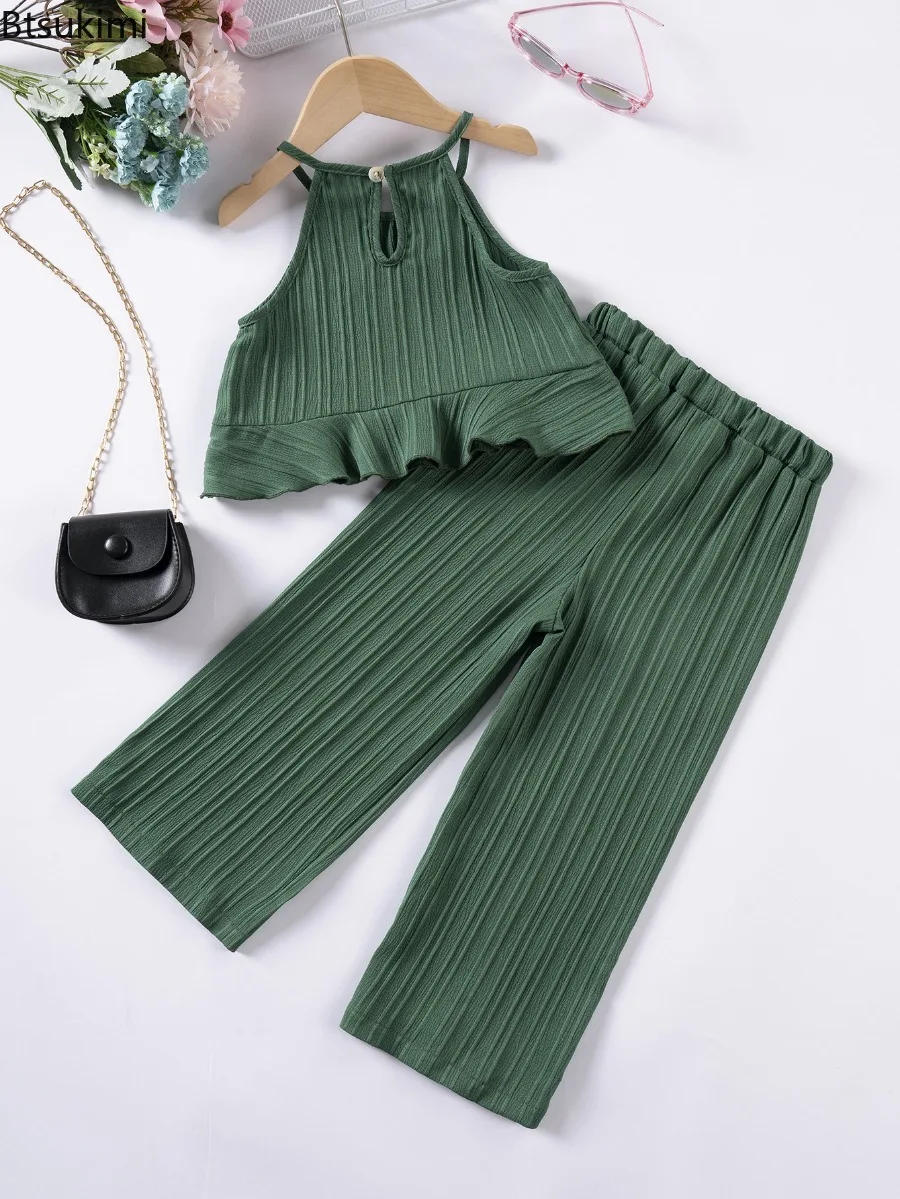 2pcs Toddler Girl Summer New Solid Colour Suit Casual Sleeveless Ruffle Top + Wide Leg Trousers Suit Children's Trend Clothing