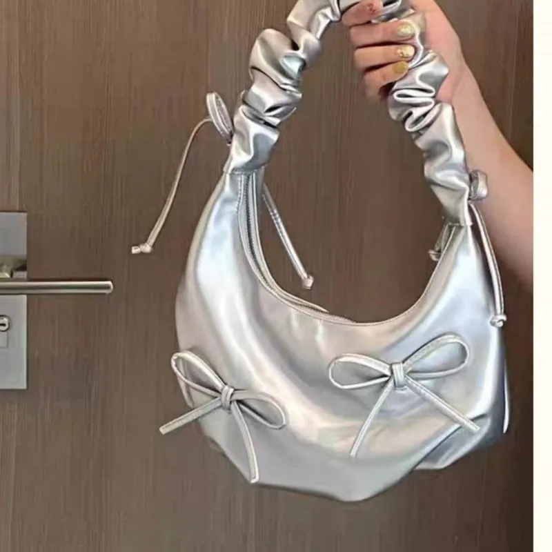 

JIAERDI Bow Silver Shoulder Bags Y2k Women Sweet Cute Leather Underarm Bag Handbag Female Harajuku Designer Luxury Bag Aesthetic