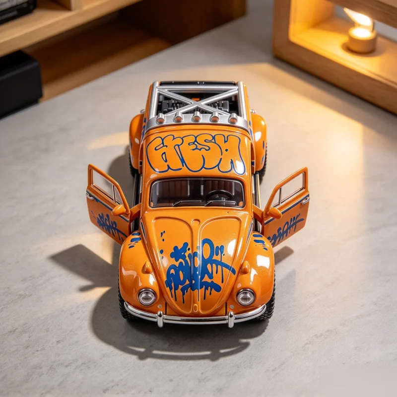 Retro graffiti alloy car model, metal-cast pull-back vehicle with openable doors.