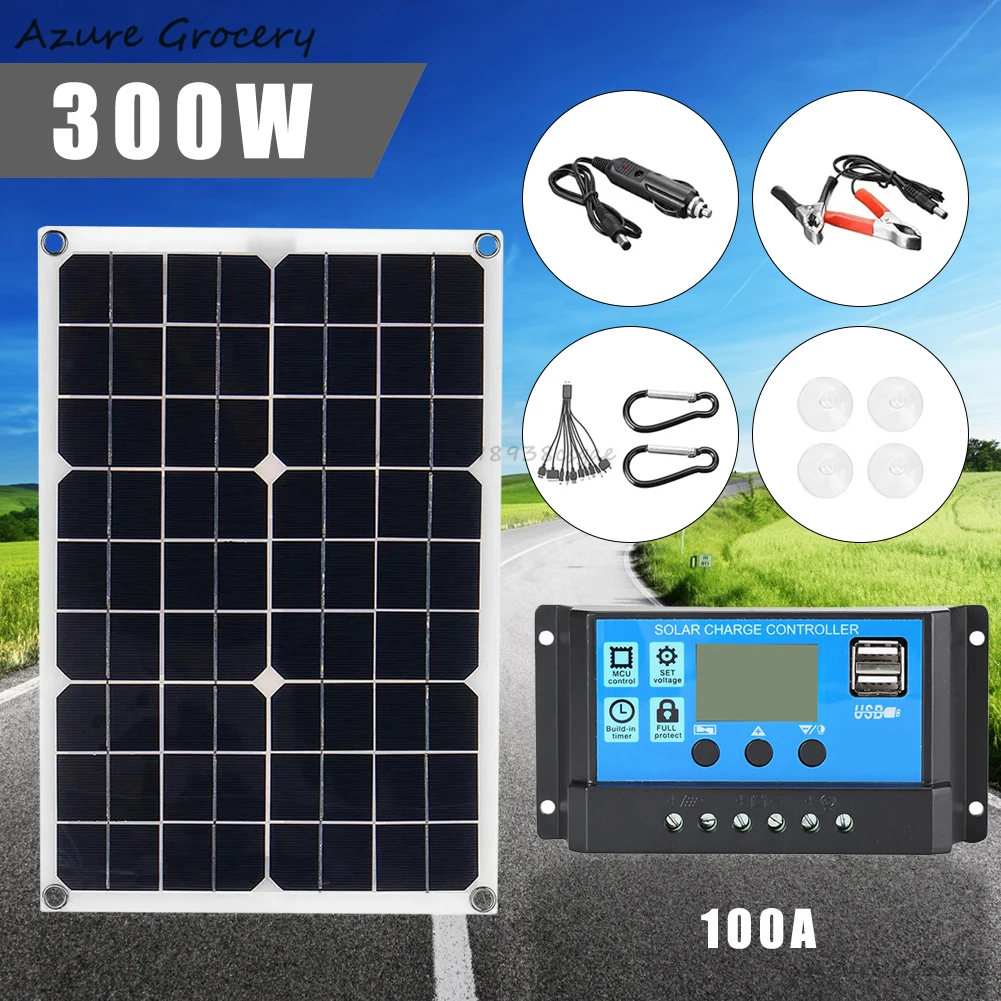 300W Solar Panel Kit with 100A Controller 12V Battery Charger Dual USB Solar Board IP65 Waterproof for Phone RV Car Boat Outdoor