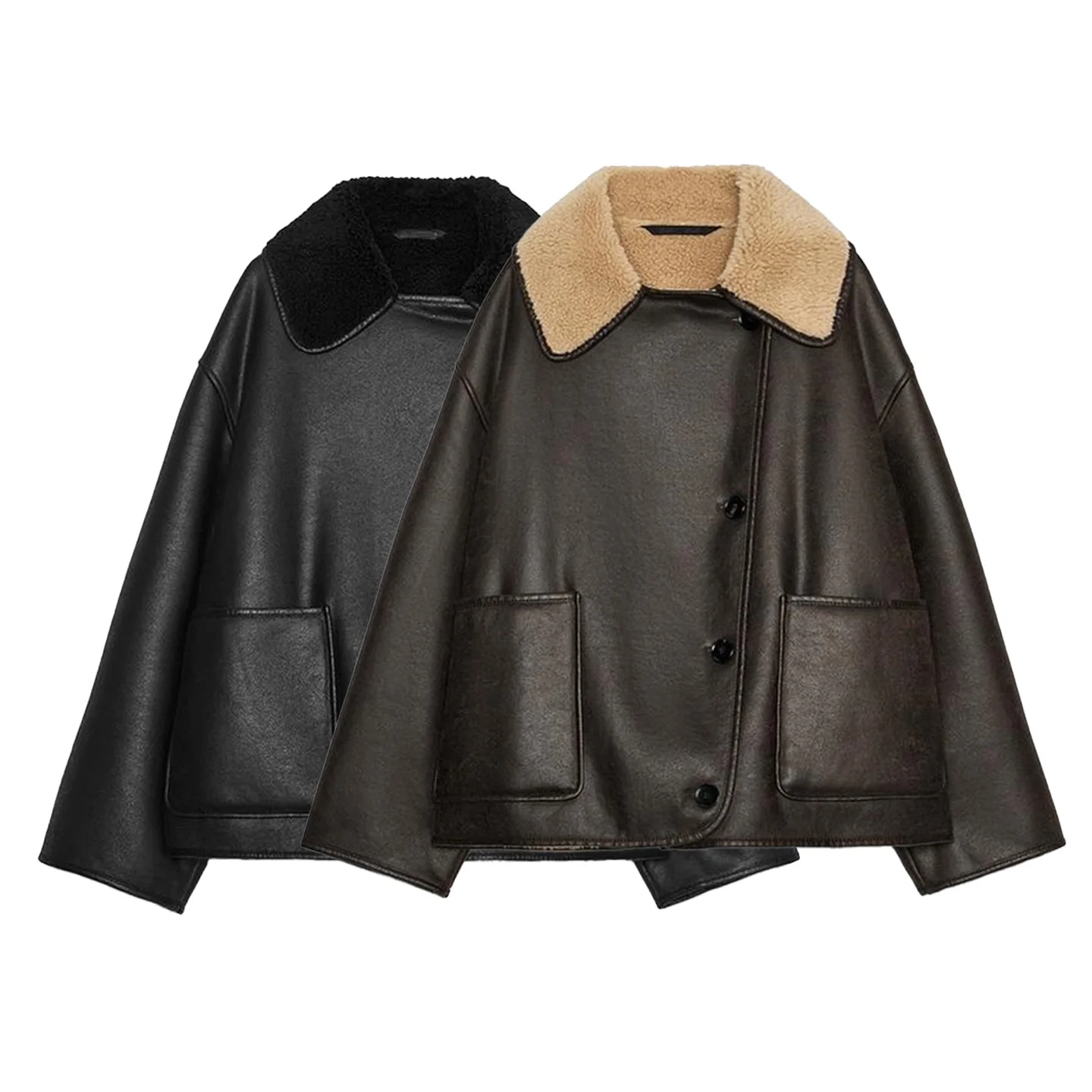 mat Sle Double-Sided Collar Long Sve Jaet Coat New Autumn Women's Faion Single Button PU Leather Polyester