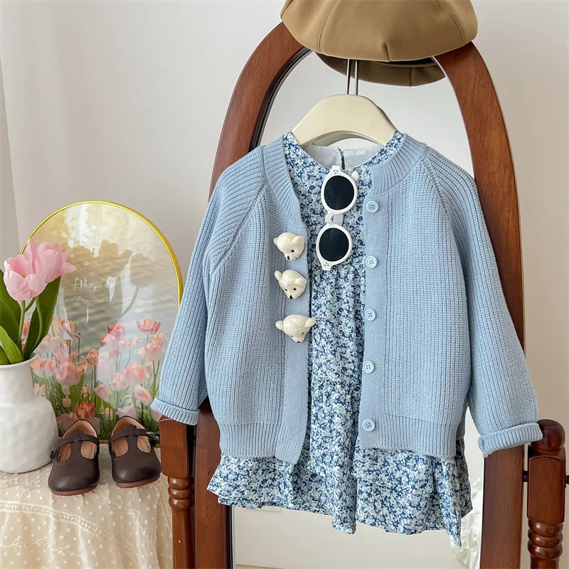 Girls flower dress set childrens spring and autumn new dress babys knitted cardigan two-piece set Girls Fashion Cotton Sets