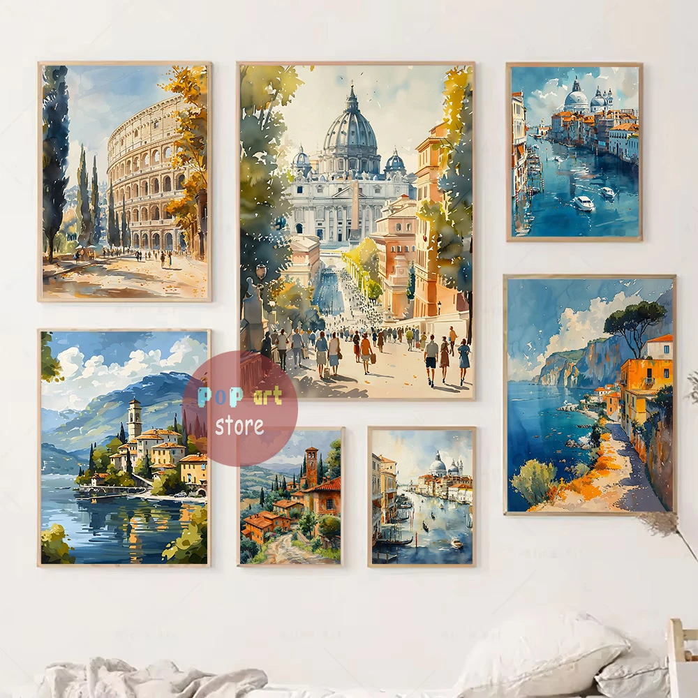 Rome Venice Taormina City Watercolors Painting Print Italian Cities Traveling Wall Decor Italy Landscape Aesthetic Canvas Poster