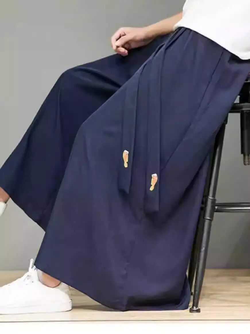 

Ханфу-кюлоты, летние шифоновые драпированные широкие брюки, юбка в китайском стиле, брюки, струящаяся фея, девятиточечная вышивка, светло-голубой