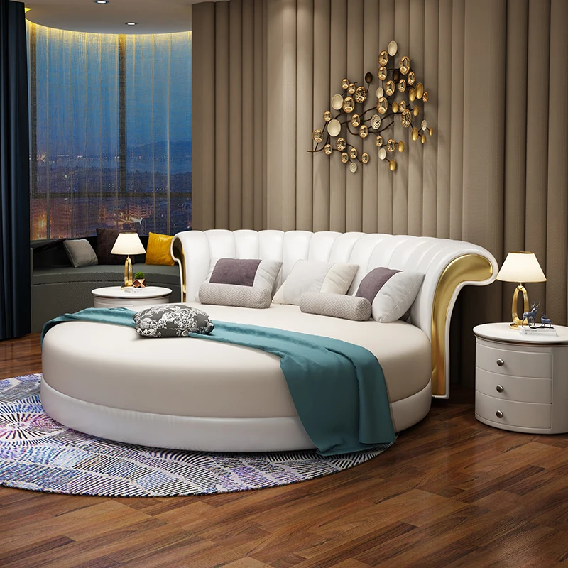 

Modern Small Family Bed Round Minimalist Design Double Confortable Bed Wedding Fashionable Light Luxury Muebles Home Furniture