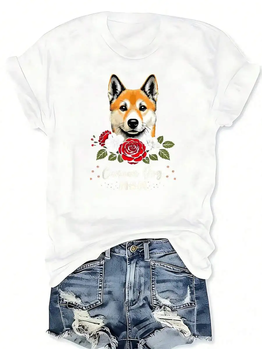 

Canaan Dog Rose Floral Graphic Print T-Shirt Short Sleeve Crew Neck Casual Top For Women