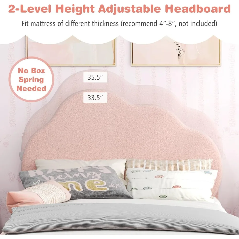 إطارات سرير مزدوج للأطفال، سرير أطفال خشبي منجد مع لوح رأسي قابل للتعديل، دعم شرائح، غطاء وزن 660 رطل، بدون صندوق