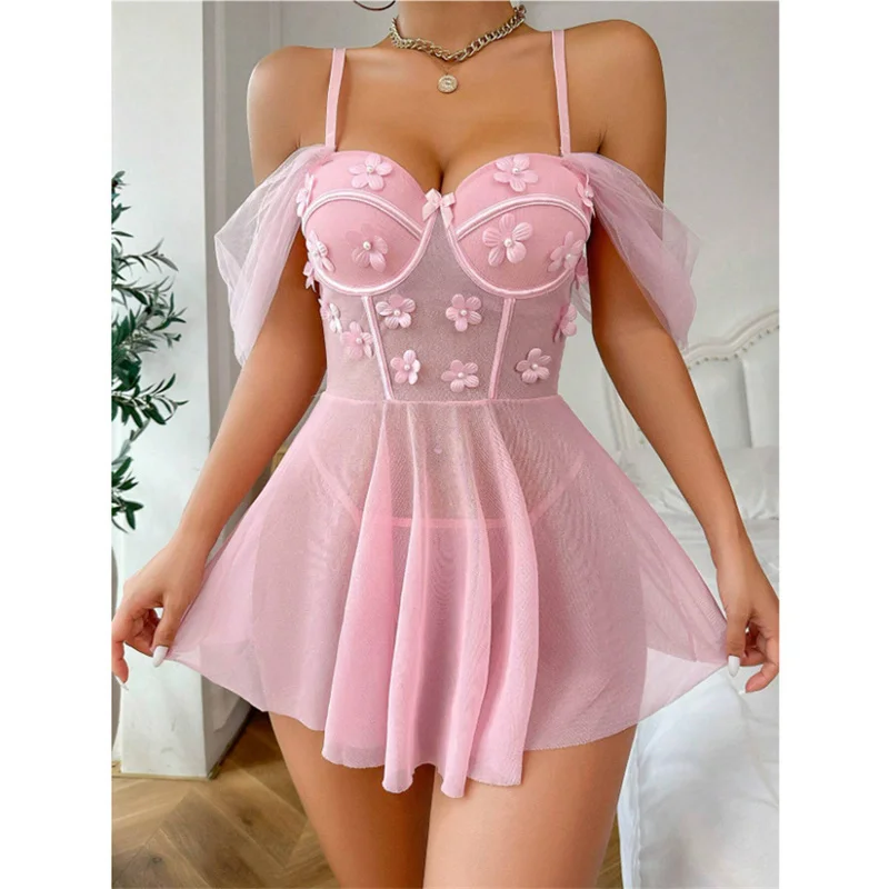 Sexy Adult Pajamas Dress Pink Mesh Sleepwear Backless Sexy Nightgown Suspenders Night Dress Women Sleeveless Summer Pajamas - Image 4