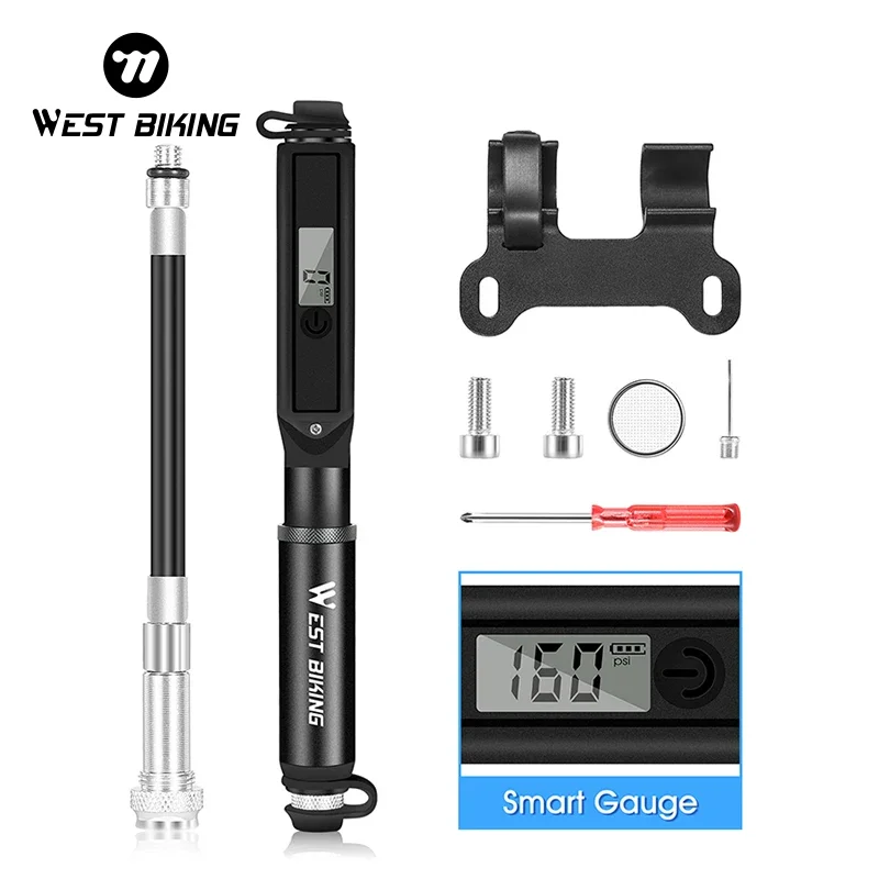 WEST BIKING 160Psi Bicycle Pump Lcd Electronic barometer Pump Presta Schrader Valves Tire Inflator Ball Toy E- Bike Cycling Pump