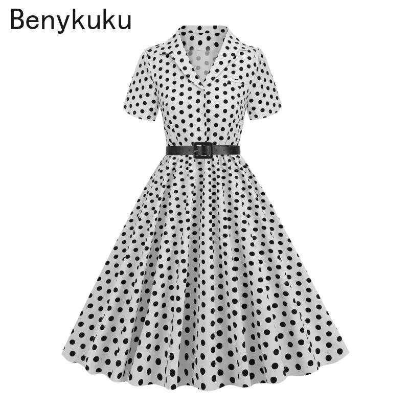 

Polka Dot 50s 60s Pinup Vintage Dress Women Elegant Belted Robe Button Up Pleated Woman Clothes Ladies Rockabilly Long Dresses