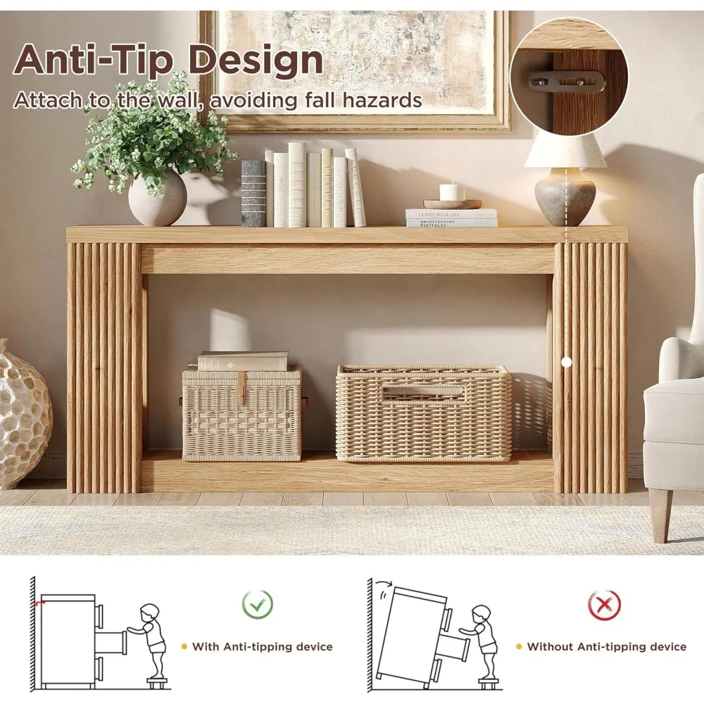 Fluted Wooden Console Table with 2 Storage, 71 Inches Rectangular Entryway Table Behind The Couch, Farmhouse Boho Sofa T