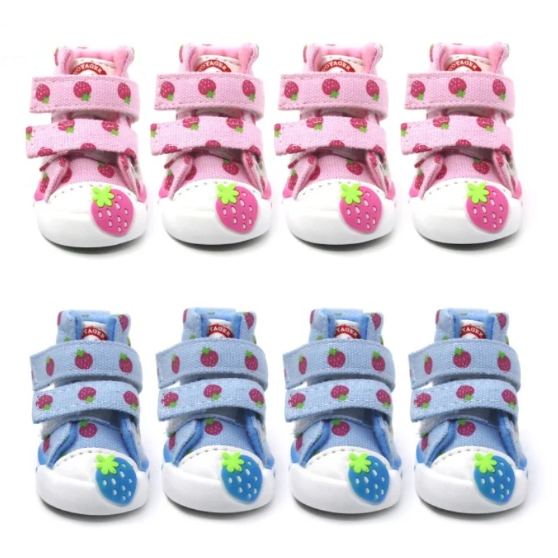 4Pcs/set Pet Dog Shoes Strawberry Print Dog Sneakers Breathable Puppy Shoes Soft Sole Pet Shoes Anti-Slip Cat Boots Dog Supplies