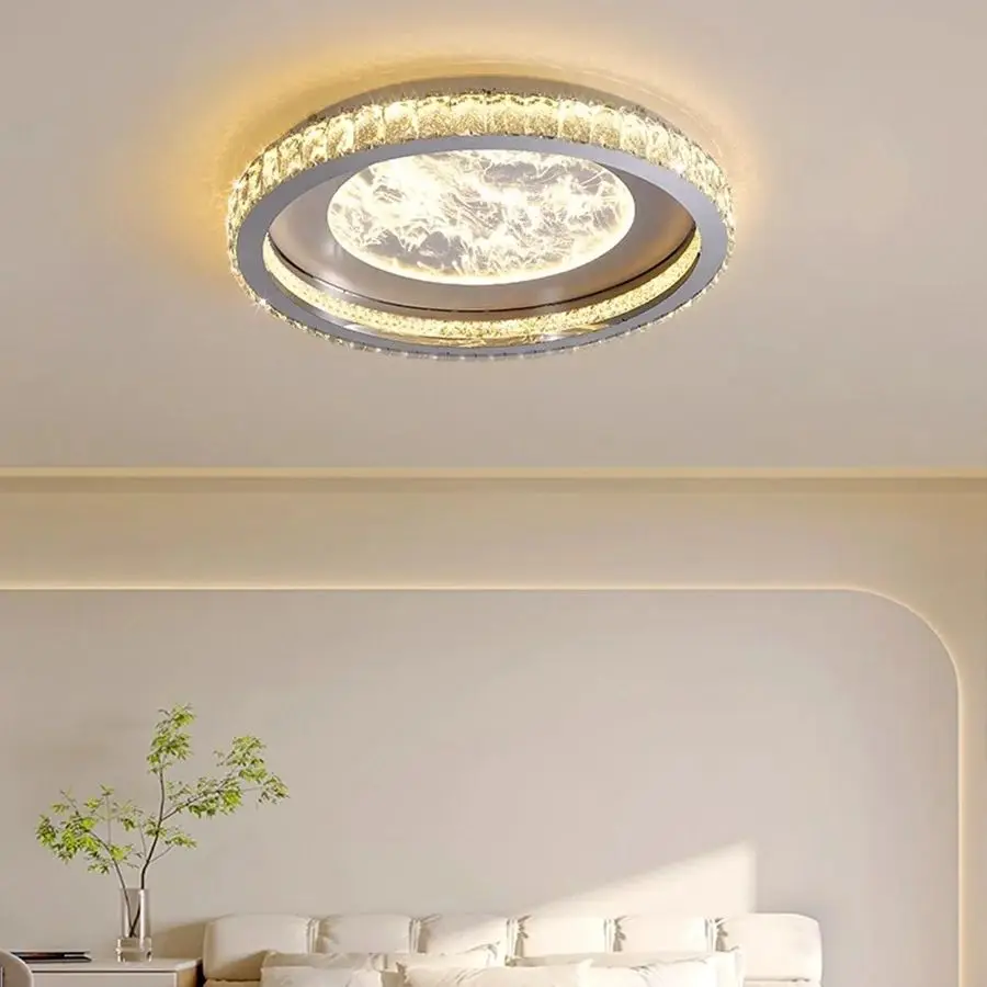 Modern Round Cloud Texture Crystal LED Ceiling Light 3‑Color Dimmable Flush Mount Lamp for Living Room Bedroom Home Decor