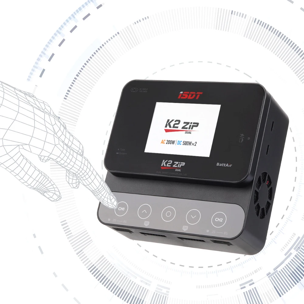 ISDT K2 Zip Dual 8S Max AC/DC Dual Mode Smart Charger AC200W/DC500Wx2 2.8'' IPS LCD Display