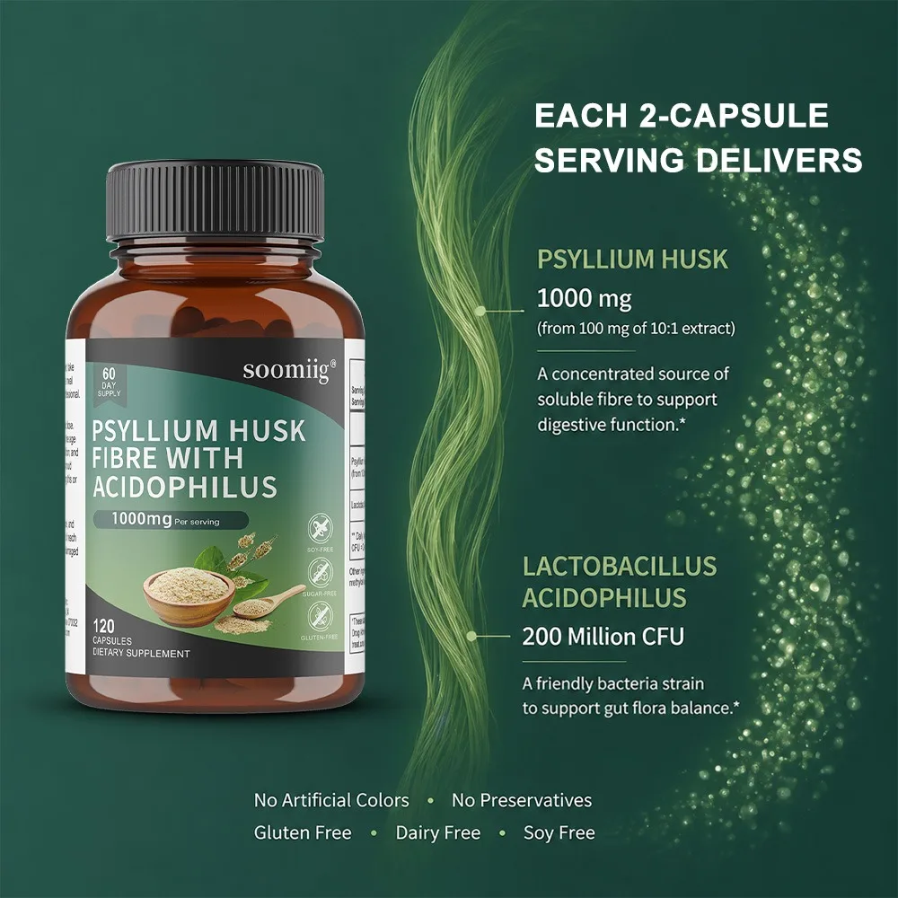 Fiber Supplement Psyllium Husk 1000mg with Lactobacillus Acidophilus - High Strength, 120 Vegetarian Capsules