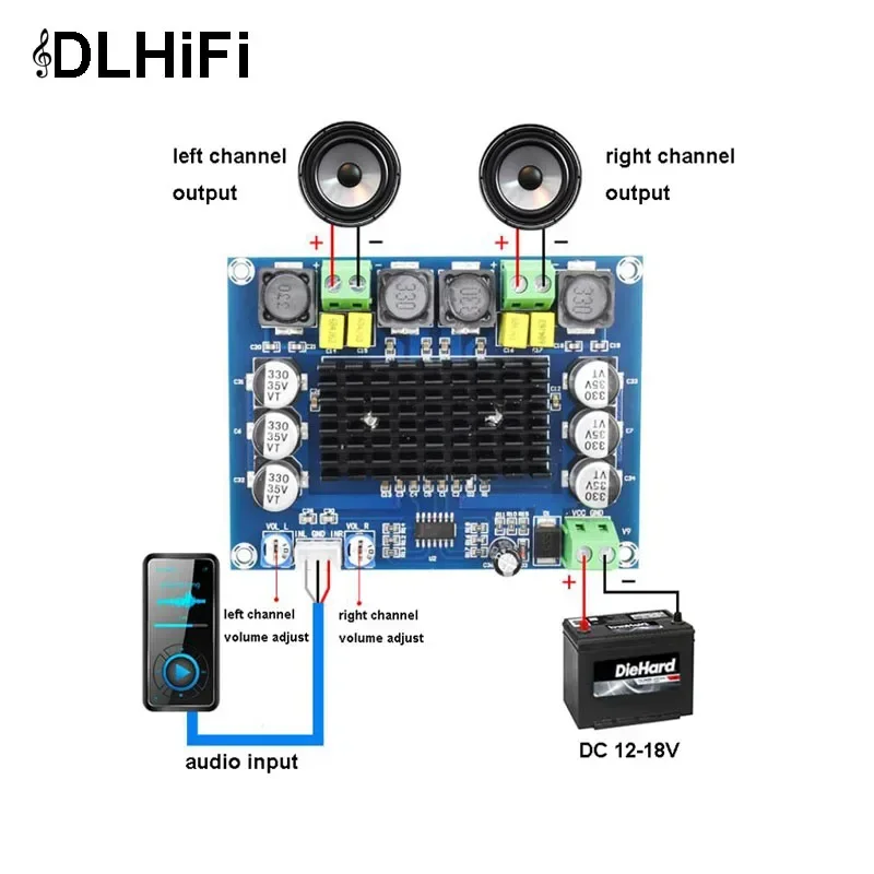 DLHiFi XH-M543 TPA3116D2 2*120W Dual Channel Stereo Digital Power Amplifier Board DC12-26V TPA3116 Audio  AMP