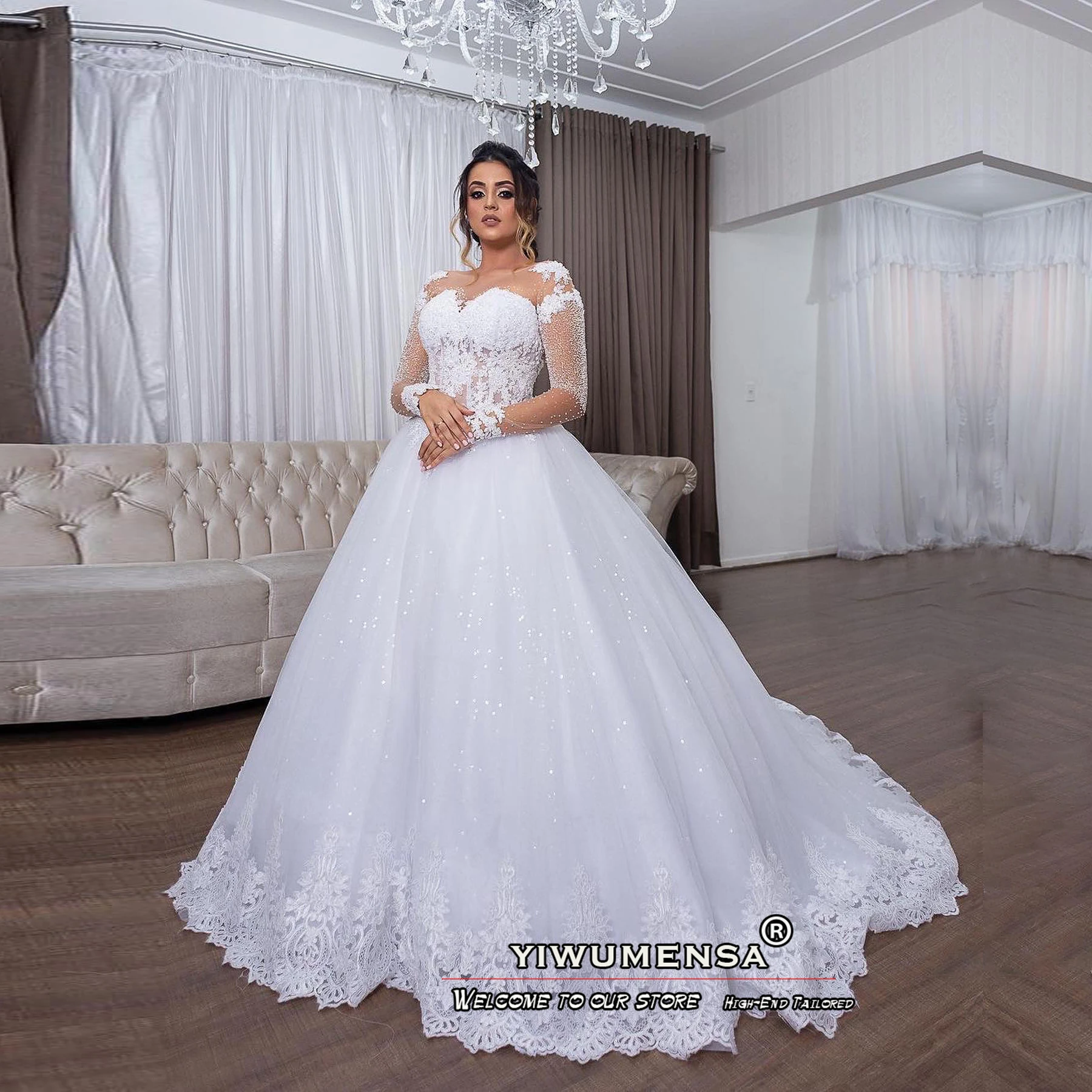 Luxury Wedding Dresses Bliing Beading A Line Skin Tulle O Neck Long Sleeves Bridal Gowns Customized Bride Formal Party Dress