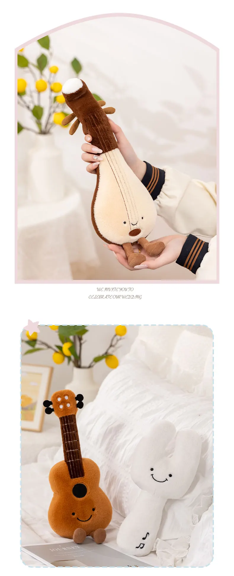 Juguete de Peluche Humanoide de Instrumentos Musicales: Guitarra Sonriente, Violín, Diapasón con Patas, Decoración, Pelu