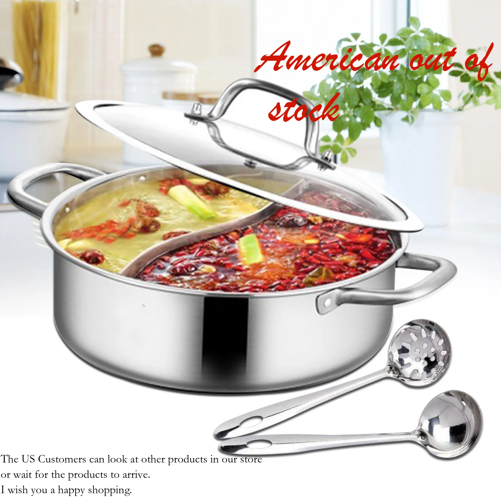 

304 Food Grade Stainless Steel Shabu Hot Pot Divider&Lid With 2 Ladles For Dual Sided Soup Cookware