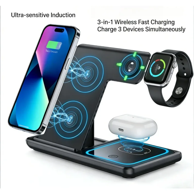 

3 in 1 Wireless Charger Station Fast Fast Charging Station Stand For iPhone 17 16 15 14 13 12 11 Pro Max Apple Watch AirPods